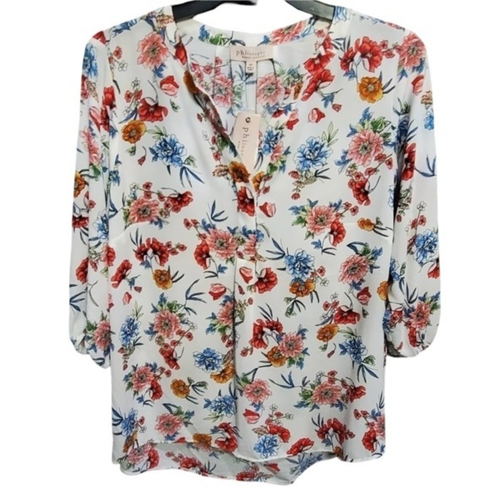 Philosophy Floral Blouse 2X White Red Blue 3/4 Sleeve V-Neck Button Top NEW Plus